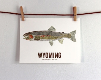 Wyoming State Fish, Map art, Nature Outdoor art, Vintage Map art, Art print, Fish Wall decor, Fish Art, Gift For Dad - Cutthroat Trout