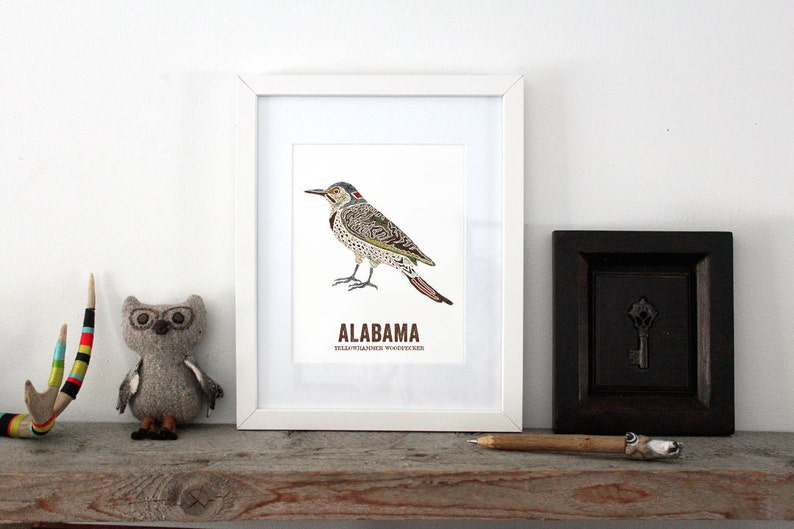 Alabama State Bird, Nature art, Outdoor art, Vintage Map art, Art print, Wall decor, Rustic Nursery, Map prints YELLOWHAMMER WOODPECKER image 2