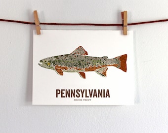Pennsylvania State Fish, Map art, Nature Outdoor art, Vintage Map art, Art print, Fish Wall decor, Fish Art, Gift For Dad - Brook Trout
