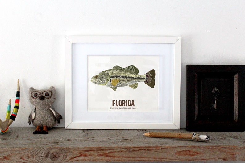 Florida State Fish, Map art, Nature Outdoor art, Vintage Map art, Art print, Fish Wall decor, Fish Art, Gift For Dad Largemouth Bass image 2