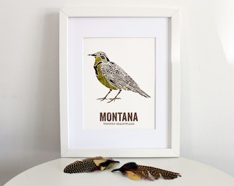 Western Meadowlark Art Print, Montana State Bird, Vintage Map