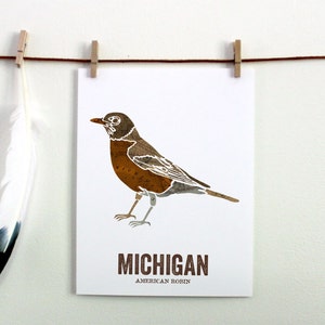 Michigan Robin Art Print, Vintage Map Bird Illustration - Etsy