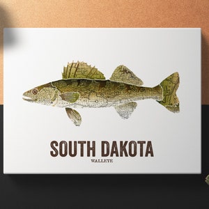 South Dakota State Fish, Map art, Nature Outdoor art, Vintage Map art, Art print, Fish Wall decor, Fish Art, Gift For Men Walleye image 2