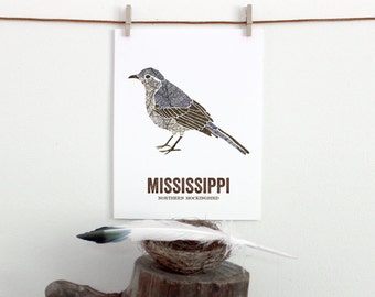 Mississippi State Bird, Nature art, Outdoor art, Vintage Map art, Art print, Wall decor, Rustic Nursery, Map prints - NORTHERN MOCKINGBIRD