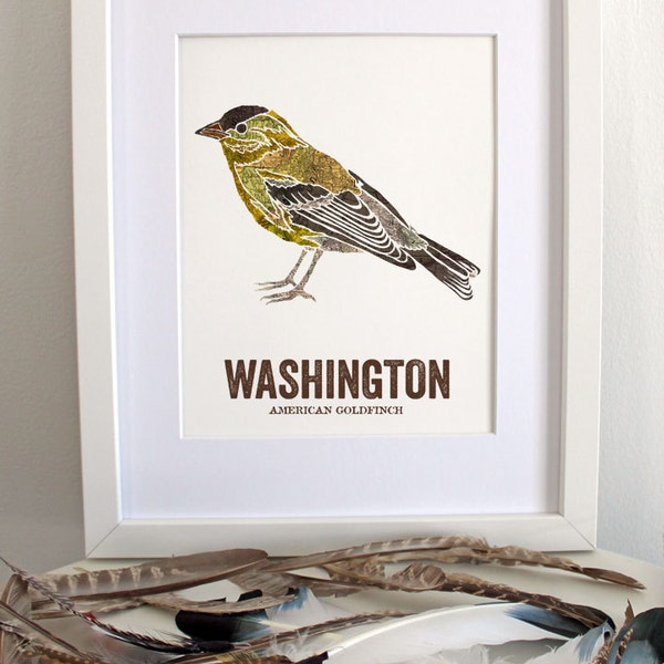 Washington State Bird, Nature art, Outdoor art, Vintage Map art, Art print, Wall decor, Rustic Nursery, Map prints - AMERICAN GOLDFINCH