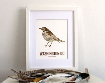 Washington DC Bird, Nature art, Outdoor art, Vintage Map art, Art print, Wall decor, Rustic Nursery, Map prints -WOOD THRUSH