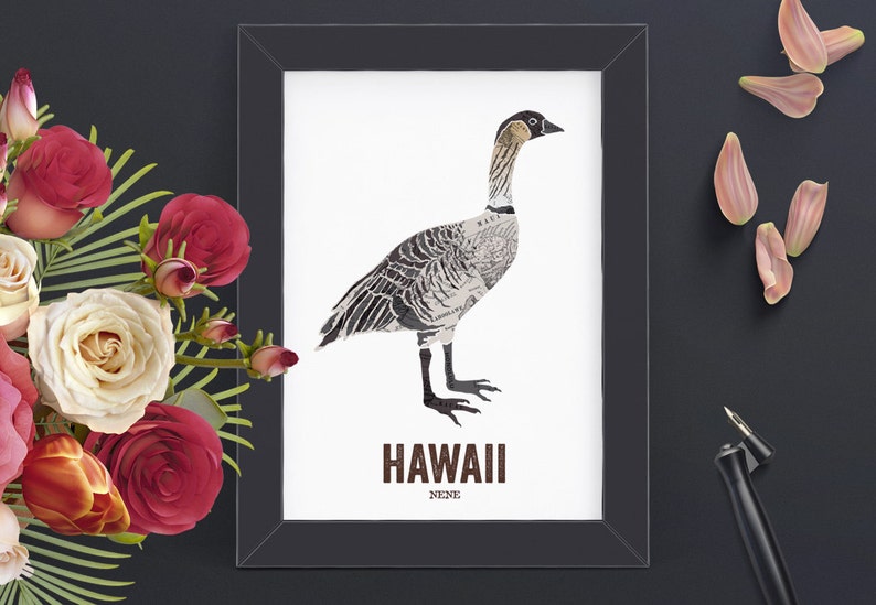HAWAII Art, State Bird print, Map Art, Cadeau de mariage, Nursery art, Décoration intérieure, Art de la nature, Art de carte vintage, cadeau de couple NENE BIRD image 1