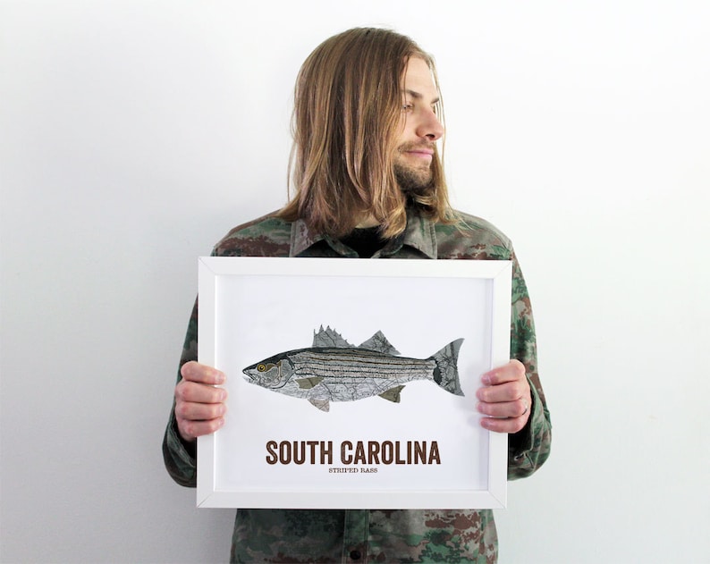 South Carolina State Fish, Map art, Nature Outdoor art, Vintage Map art, Art print, Fish Wall decor, Fish Art, Gift For Him Striped Bass image 1