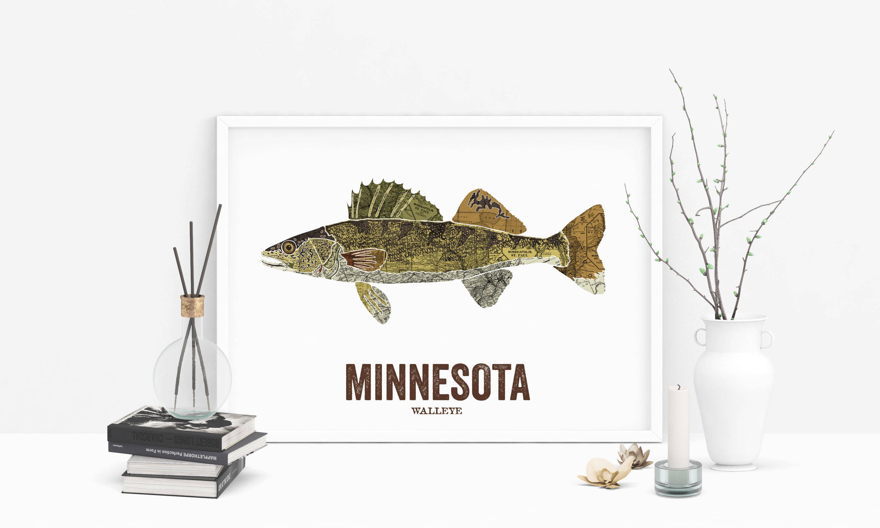 Minnesota State Fish, Map Art, Nature Outdoor Art, Vintage Map Art