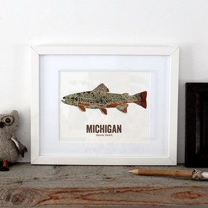 Michigan State Fish, Map art, Nature Outdoor art, Vintage Map art, Art print, Fish Wall decor, Fish Art, Gift For Men - Brook Trout