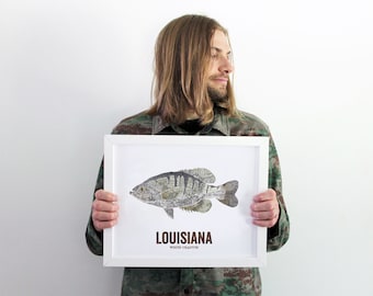 Louisiana State Fish, Map art, Nature Outdoor art, Vintage Map art, Art print, Fish Wall decor, Fish Art, Gift For Men, Lake - White Crappie