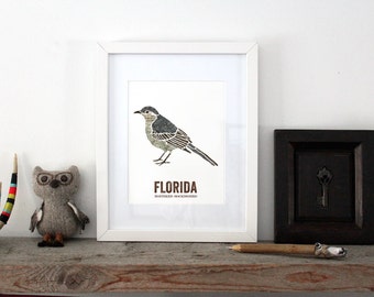 Florida State Bird, Nature art, Outdoor art, Vintage Map art, Art print, Wall decor, Rustic Nursery, Map prints - Northern Mockingbird