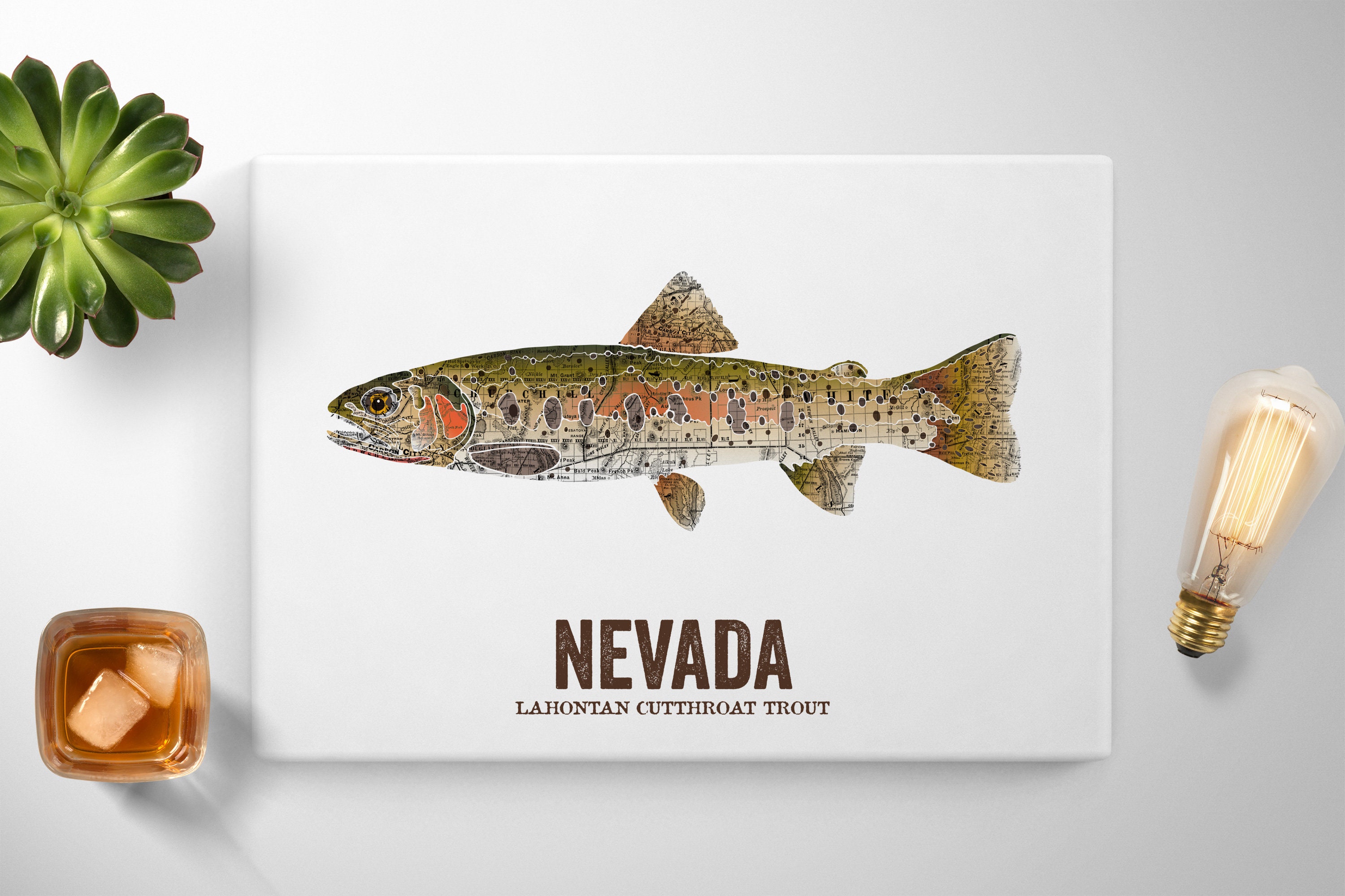 Nevada State Fish, Map Art, Nature Art, Vintage Map Art, Art Print