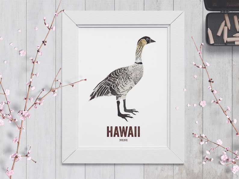HAWAII Art, State Bird print, Map Art, Cadeau de mariage, Nursery art, Décoration intérieure, Art de la nature, Art de carte vintage, cadeau de couple NENE BIRD image 2