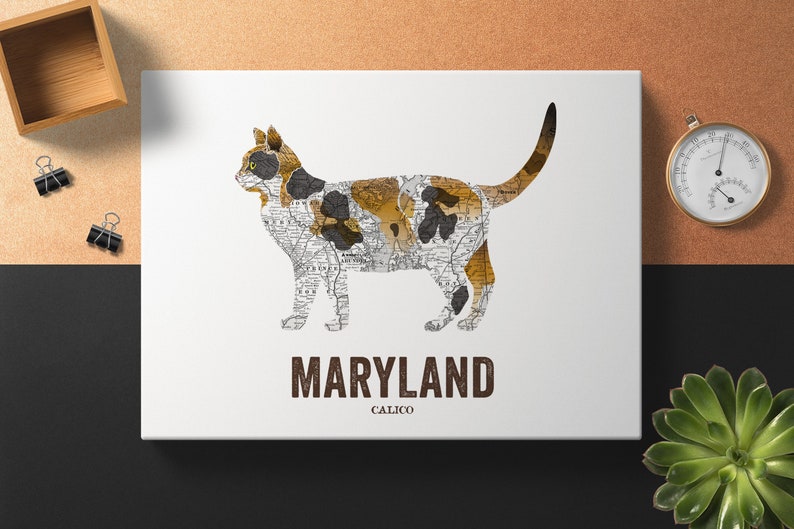 Maryland State Cat, Cat print, Cat Art, Vintage Map art, Art print, Wall decor, Gift for her, Cat decor, Map prints Calico Cat image 1