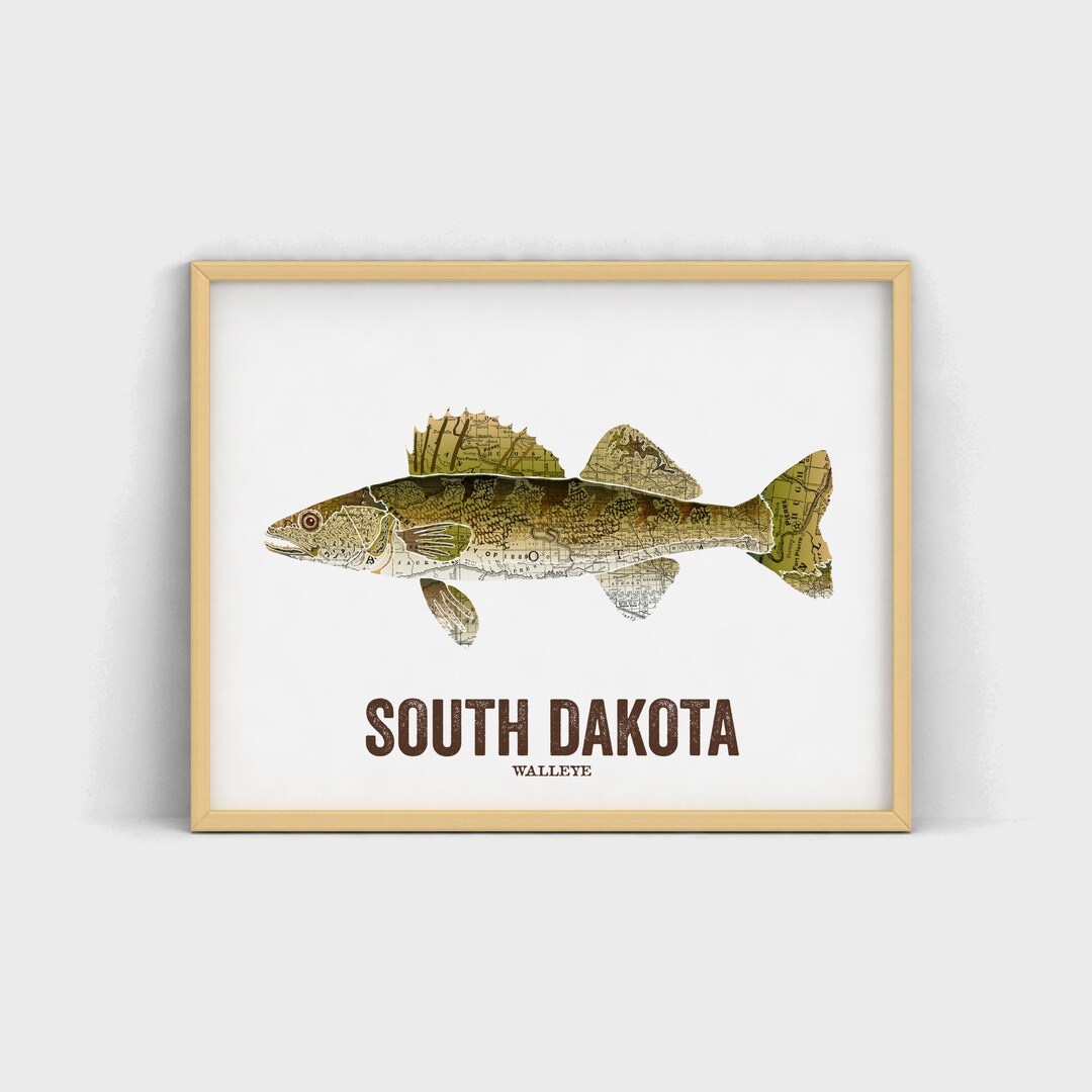 South Dakota State Fish Map Art Nature Outdoor Art Vintage