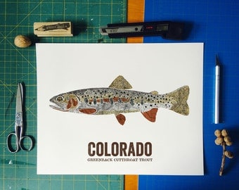 Colorado State Fish, Map art, Nature Outdoor art, Vintage Map art, Art print, Wall decor, Fish Art, Gift For Him - Greenback Cutthroat Trout