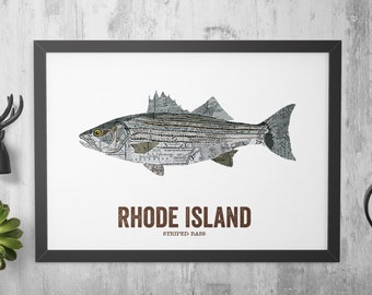 Rhode Island State Fish, Map art, Nature Outdoor art, Vintage Map art, Art print, Wall decor, Fish Art, Gift For Him - Stiped Bass