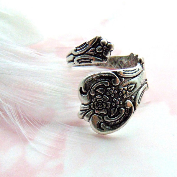 Vintage Style Spoon Ring SILVER RING Floral Posie Rose Spoon Ring ~ Antique Silver Adjustable Retro Statement Ring (RD-2)