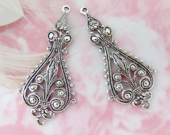 ANTIQUE SILVER Large (1 Pair) Filigree Tea Earring Drop Connector Stamping ~ Finding (E-783)