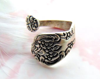 ANTIQUE SILVER Strength Floral Spoon Ring ~ Adjustable