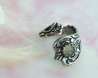 Moonstone Vintage Style Spoon Ring Floral Spoon Ring ~ Antique Silver Adjustable Retro Statement Ring