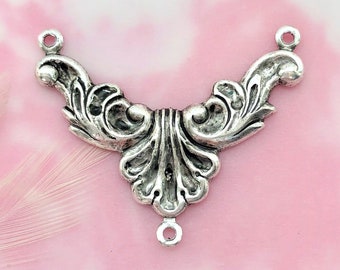 ANTIQUED SILVER (6 Pieces) Shell Motif Flourish Connector Brass Stamping ~ Jewelry Findings (CB-3094)