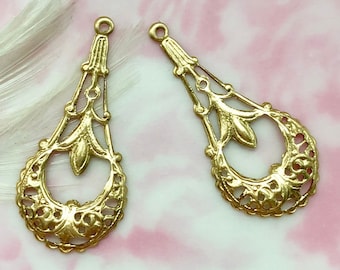 BRASS (2 Pieces) Oval Gypsy Boho Hoops Delicate Filigree Drops Stampings ~ Jewelry Earrings Drops Findings (E-085)