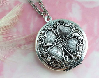 SILBER LOCKET Vierblättriges Klee Medaillon ~ Antiker Silber Anhänger