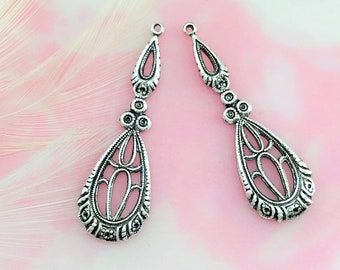 ANTIQUED SILVER (1 Pair) Delicate Art Deco Drop Teardrop Filigree Stamping ~ Jewelry Ornament Earring Findings ~ Brass Stamping (BB-021)