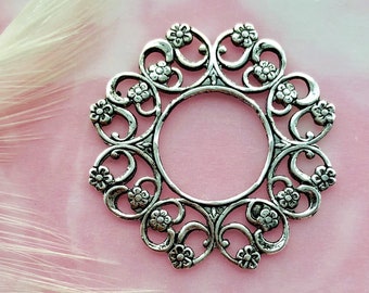 ANTIQUE SILVER (2 Pieces) Filigree Flower Wreath Stampings ~ Setting 12mm ~ Connector Jewelry Ornament (BB-010)