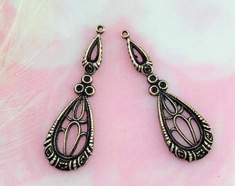 ANTIQUED BRASS (1 Pair) Delicate Art Deco Drop Teardrop Filigree Stamping ~ Jewelry Ornament Earring Findings ~ Brass Stamping (BB-021)