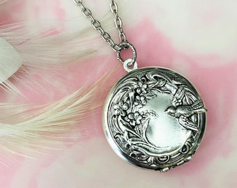 SILVER LOCKET Round Swirl Bird Flower Locket ~ Antique Silver Pendant