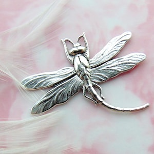 May include: Silver-toned dragonfly charm with detailed wings and a textured body. The charm is on a pink and white background.