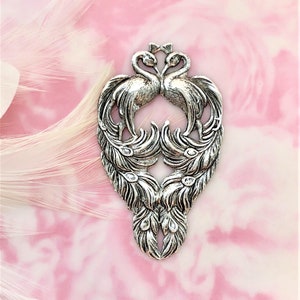 ANTIQUE SILVER Art Nouveau Double PEACOCKS Stamping ~ Jewelry Oxidized Findings (C-603)
