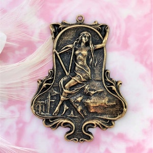 Goddess Repousse ANTIQUED BRASS Lake Lady with Harp Goddess Stamping ~ Jewelry Ornament Brass Findings ~ Oxidized Brass Stamping (D-902)