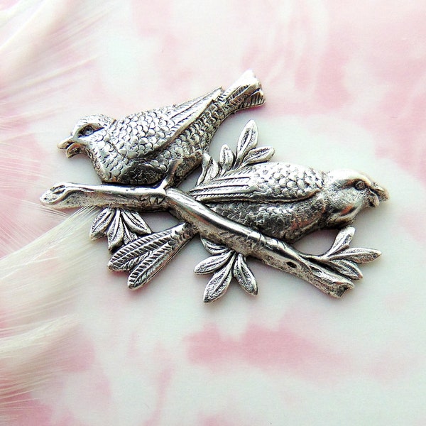 ANTIQUED SILVER (2 Pieces) Birds On A Branch Bird Stampings ~ Jewelry Ornament Oxidized Findings (FA-6032)