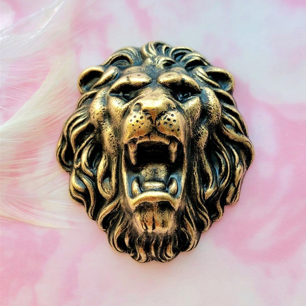 Large ANTIQUE BRASS Lion Roaring Head Brass Stampings ~ Jewelry Ornament Brass Findings (C-043)