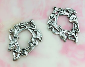 ANTIQUE SILVER (2 Pieces) Greek Small Art Nouveau Calla Lily Flower Stamping - Jewelry Ornament Findings ~ Brass Stamping (C-109)