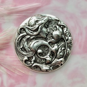 ANTIQUE SILVER Round Lady Nymph With Flower Stamping ~ Jewelry Finding ~ Woman Stamping  (FB-6061)