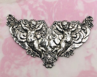 Rare ANTIQUE SILVER Large Angels Double Cupids Cherubs Cartouche Stamping ~ Jewelry Findings (C-709)