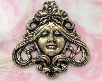 Fairy ANTIQUE BRASS Large Art Nouveau Star Goddess Stamping ~ Jewelry Ornament Findings ~ Oxidized Brass Stamping (C-203)