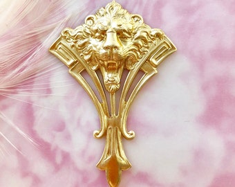 BRASS Art Deco Lion Stamping ~ Jewelry Ornamental Brass Findings ~ Brass Stampings (CB-3090) Height 2-1/4&quot;  Width 1-1/2&quot;