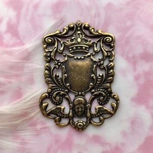 ANTIQUE BRASS Crest Ornate Heraldry Shield / Angel - Crown Stamping ~ Jewelry Findings ~ Oxidized Brass Stampings (FA-6072)