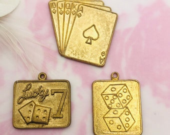 BRASS Playing Cards Dice Lucky 7 Charms Stampings ~ Jewelry Ornament Findings (MI-005)