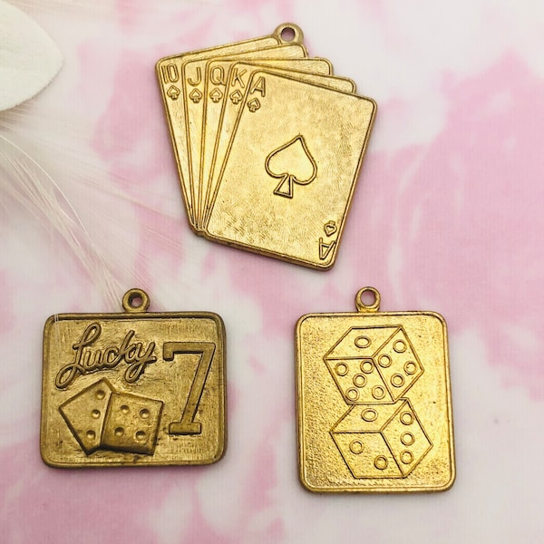 BRASS Playing Cards Dice Lucky 7 Charms Stampings ~ Jewelry Ornament Findings (MI-005)