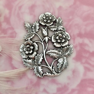 ANTIQUED SILVER Victorian Floral Rose Flower Stamping ~ Jewelry Oxidized Findings  (FB-6021)