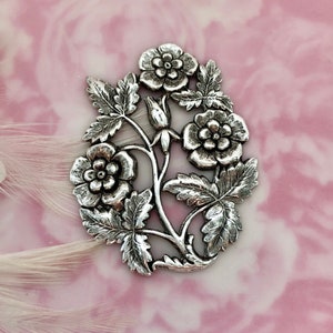 ANTIQUE SILVER Victorian Floral Rose Flower Stamping ~ Jewelry Oxidized Findings  (FB-6021)