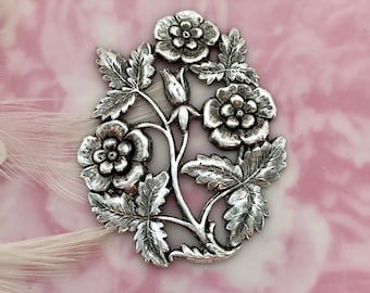 Silver 925 Rose Flower Design ブローチ 2 7/10 Inch Rose Flower Pure Solid .925 Sterling Silver Pin