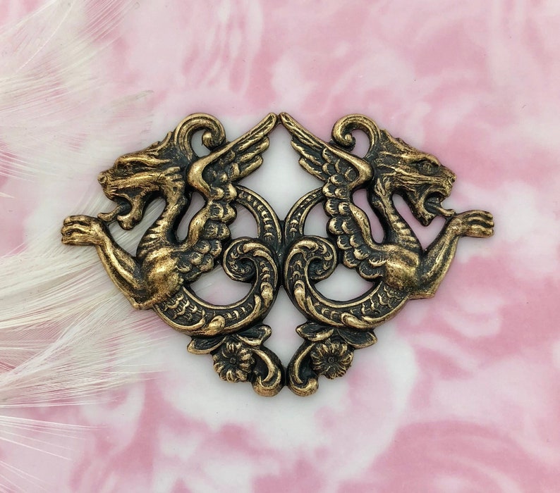 ANTIQUE BRASS Double Medieval DRAGONS Stampings Jewelry Etsy